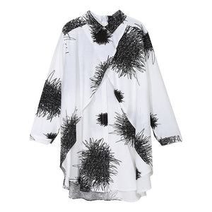 [EAM] Women White Pattern Printed Big Size Blouse New Lapel Long Sleeve Loose Fit Shirt Fashion Tide Spring Summer 2020 1Y745