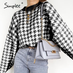 Simplee Women geometric khaki knitted sweater women casual Houndstooth lady pullover sweater female Autumn winter retro jumper