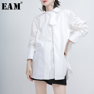 [EAM] Women White Irregular Split Joint Big Size Blouse New Lapel Long Sleeve Loose Fit Shirt Fashion Spring Autumn 2020 1Y596