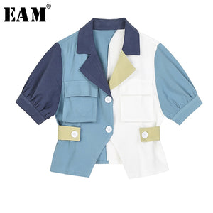 [EAM] Women Blue Contrast Color Split Joint Blouse New Lapel Half Sleeve Loose Fit Shirt Fashion Tide Spring Summer 2020 1Y592