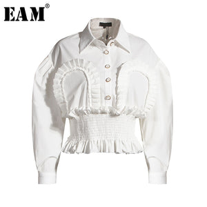 [EAM] Women White Ruffles Split Joint Short Blouse New Lapel Long Sleeve Loose Fit Shirt Fashion Tide Spring Autumn 2020 1Y920