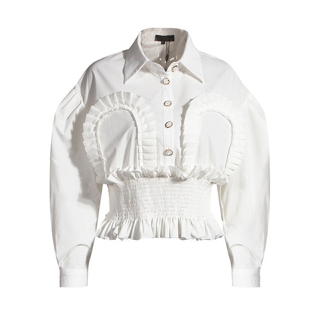 [EAM] Women White Ruffles Split Joint Short Blouse New Lapel Long Sleeve Loose Fit Shirt Fashion Tide Spring Autumn 2020 1Y920