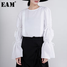 Load image into Gallery viewer, [EAM] Women White Bandage Big Size Blouse New Round Neck Long Flare Sleeve Loose Fit Shirt Fashion Spring Autumn 2020 1Z1900
