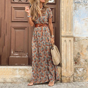 2020 Summer Beach Maxi Dress Women Floral Print Boho Long Dress Casual V-Neck Split Sexy Party Dress Robe Femme