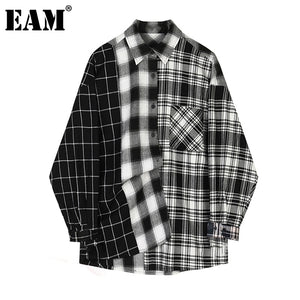 [EAM] Women Black Plaid Split Big Size Blouse New Lapel Long Sleeve Loose Fit Shirt Fashion Tide Spring Autumn 2020 1Z238