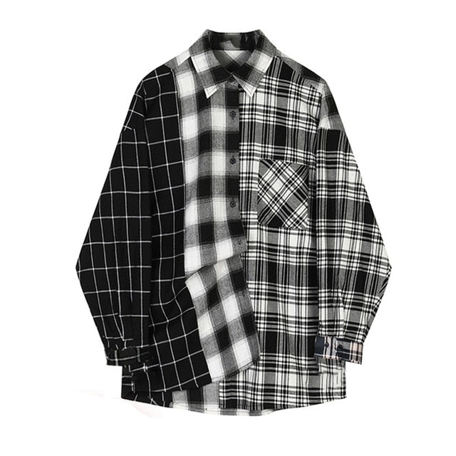 [EAM] Women Black Plaid Split Big Size Blouse New Lapel Long Sleeve Loose Fit Shirt Fashion Tide Spring Autumn 2020 1Z238