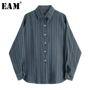 [EAM] Women Blye Striped Split Big Size Blouse New Lapel Long Sleeve Loose Fit Shirt Fashion Tide Spring Autumn 2020 1X760