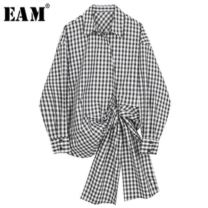 [EAM] Women Black Plaid Bandage Bow Temperament Blouse New Lapel Long Sleeve Loose Fit Shirt Fashion Spring Autumn 2020 1Y805